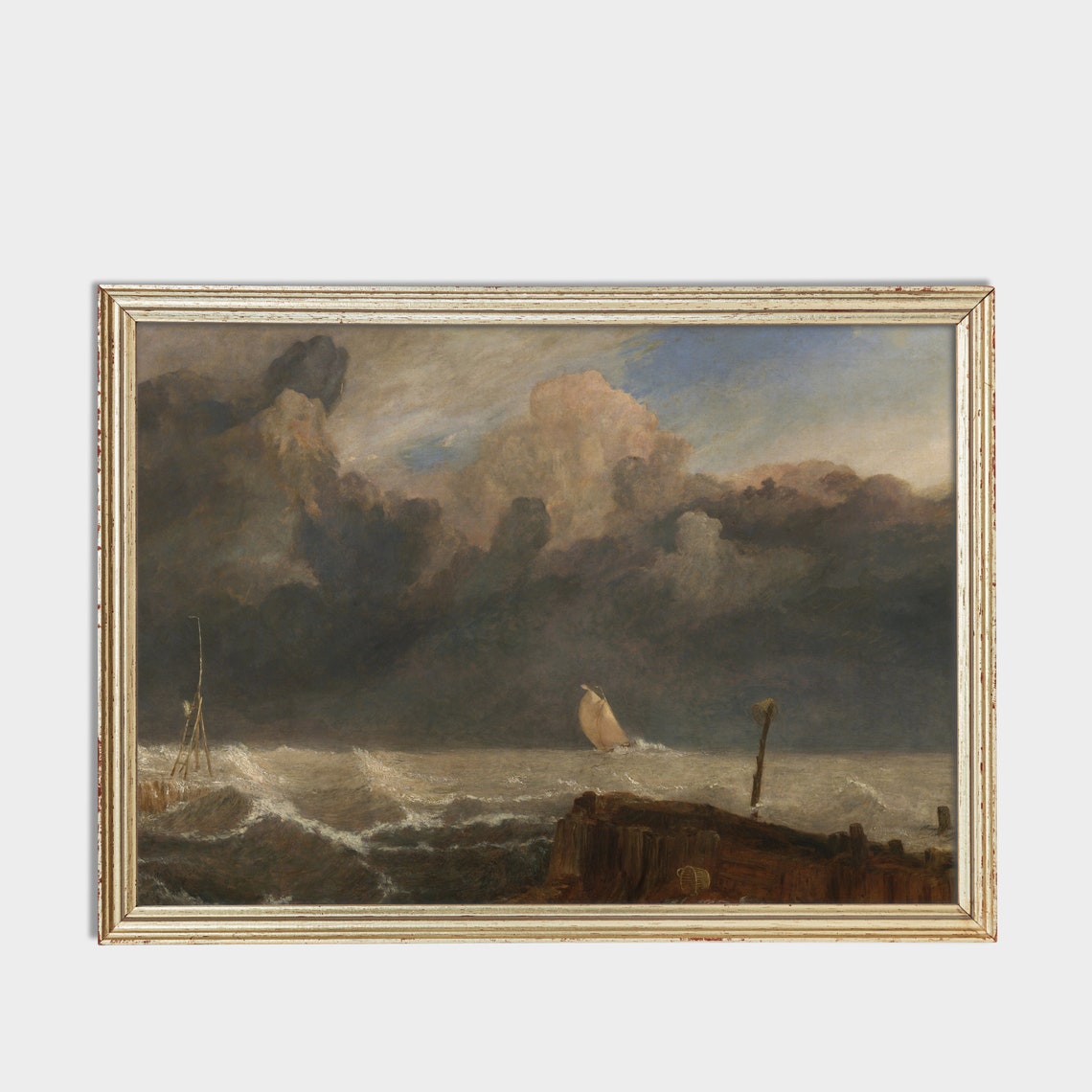 Storm Tossed Sailboat Antique Dramatic Seascape Painting Poster - Image 3