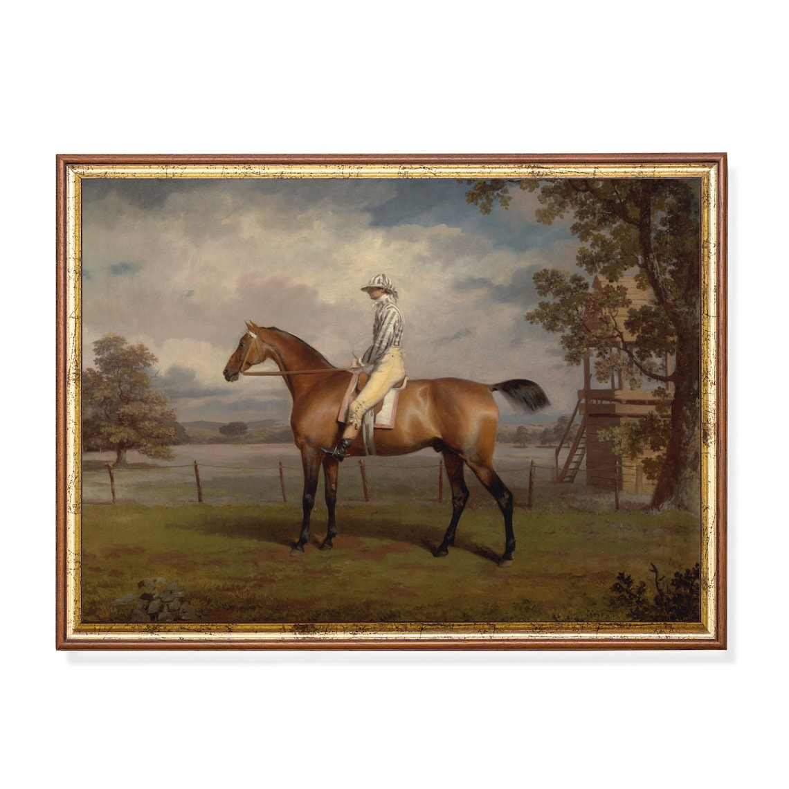 Jockey in Striped Silks Aboard a Bay Racehorse Near Grandstand Poster
