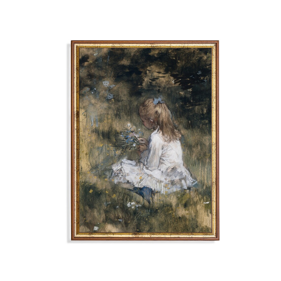Vintage Girl Portrait With Flowers, Rustic Art Print
