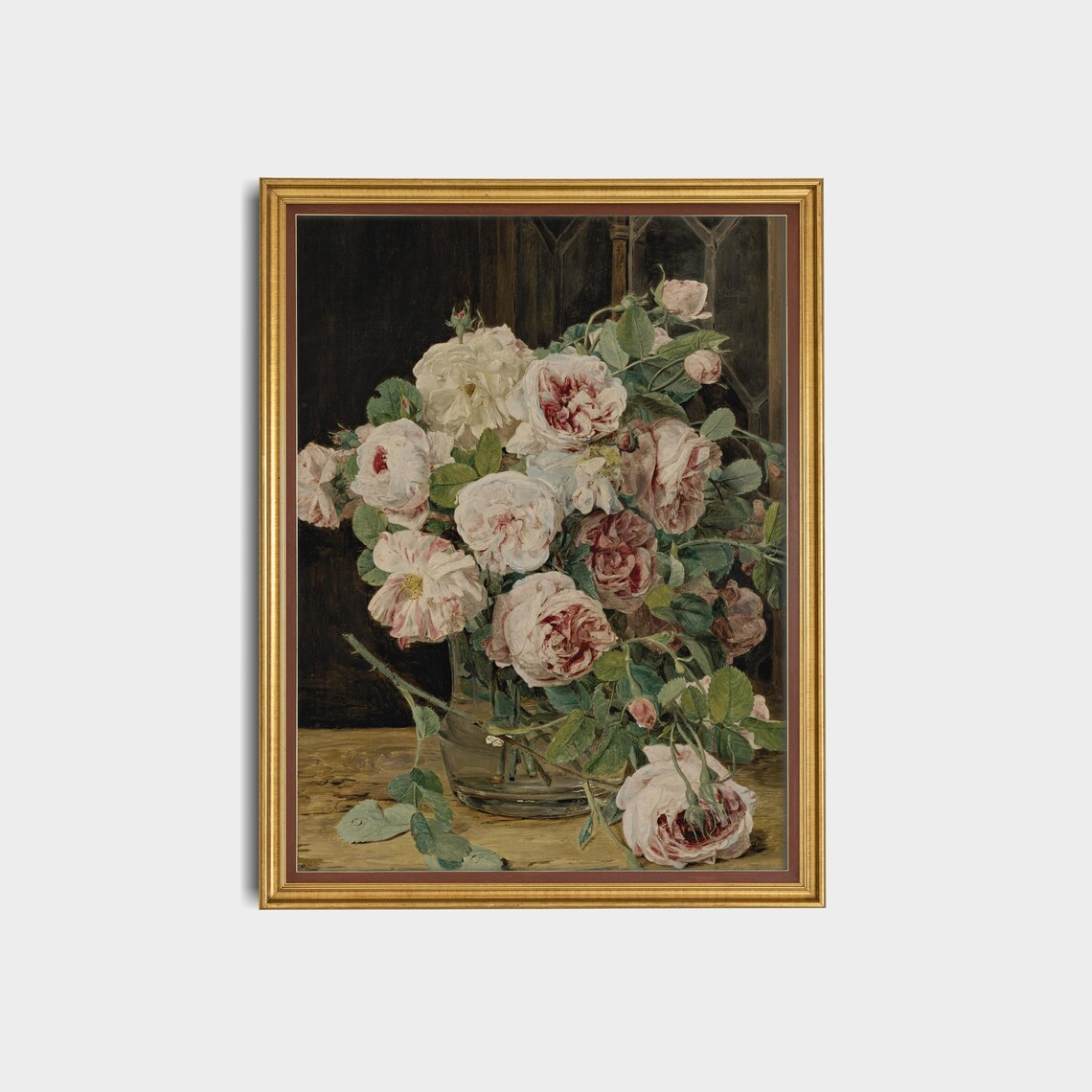 Blush Pink Roses Bouquet Glass Vase Vintage Floral Painting Poster - Image 3