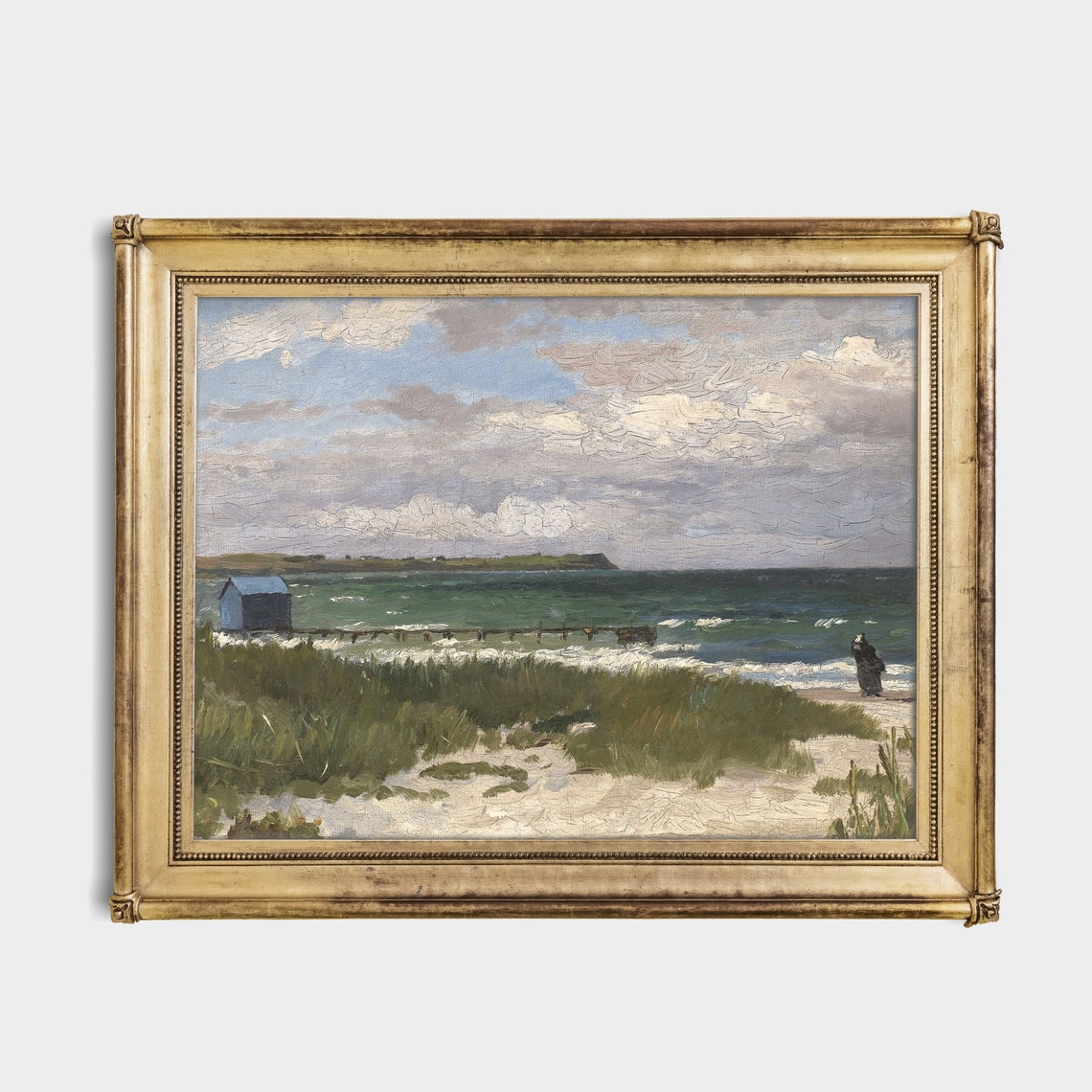Beach Hut and a Lone Figure on a Windswept Coastal Shore Poster - Image 4