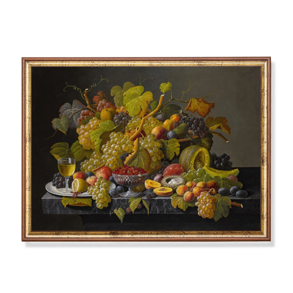 Overflowing Fruit Mound with Grapes and Melon Antique Still Life Poster