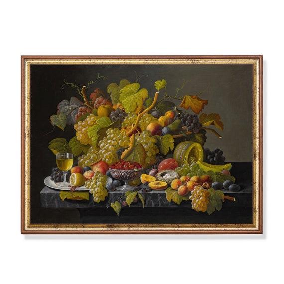 Print And Ship Vintage Still Life With Grapes And Wine Antique Fruits Painting Kitchen Decor Moody Rustic Art Physical Prints