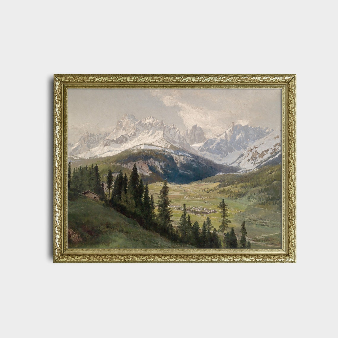 Snow-Capped Alpine Valley with Tall Pine Forest Vintage Nature Poster - Image 2