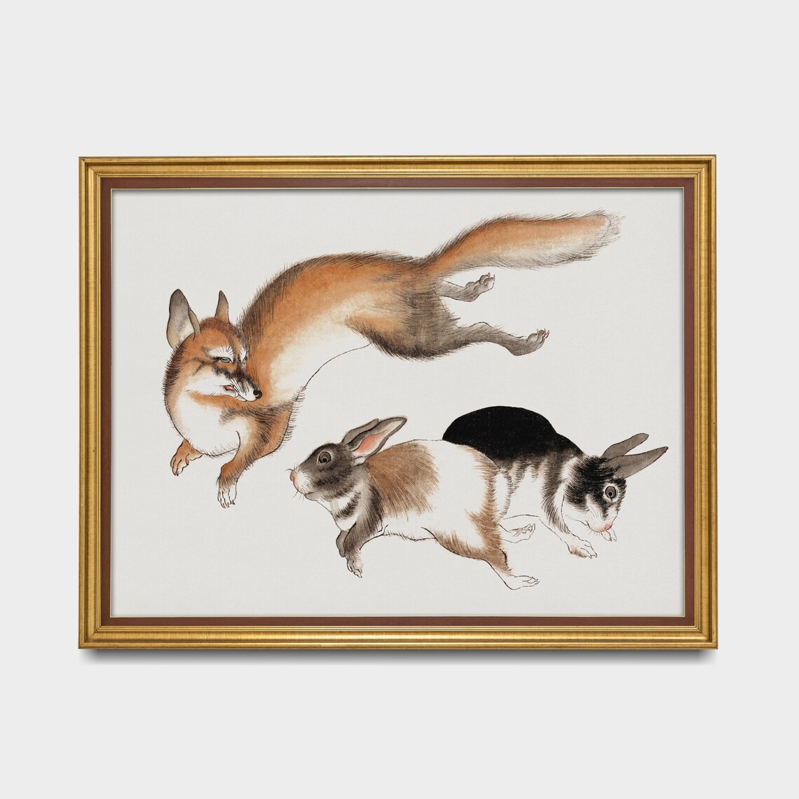 Leaping Fox Chasing Two Hares Japanese Ink Style Animal Art Poster - Image 3