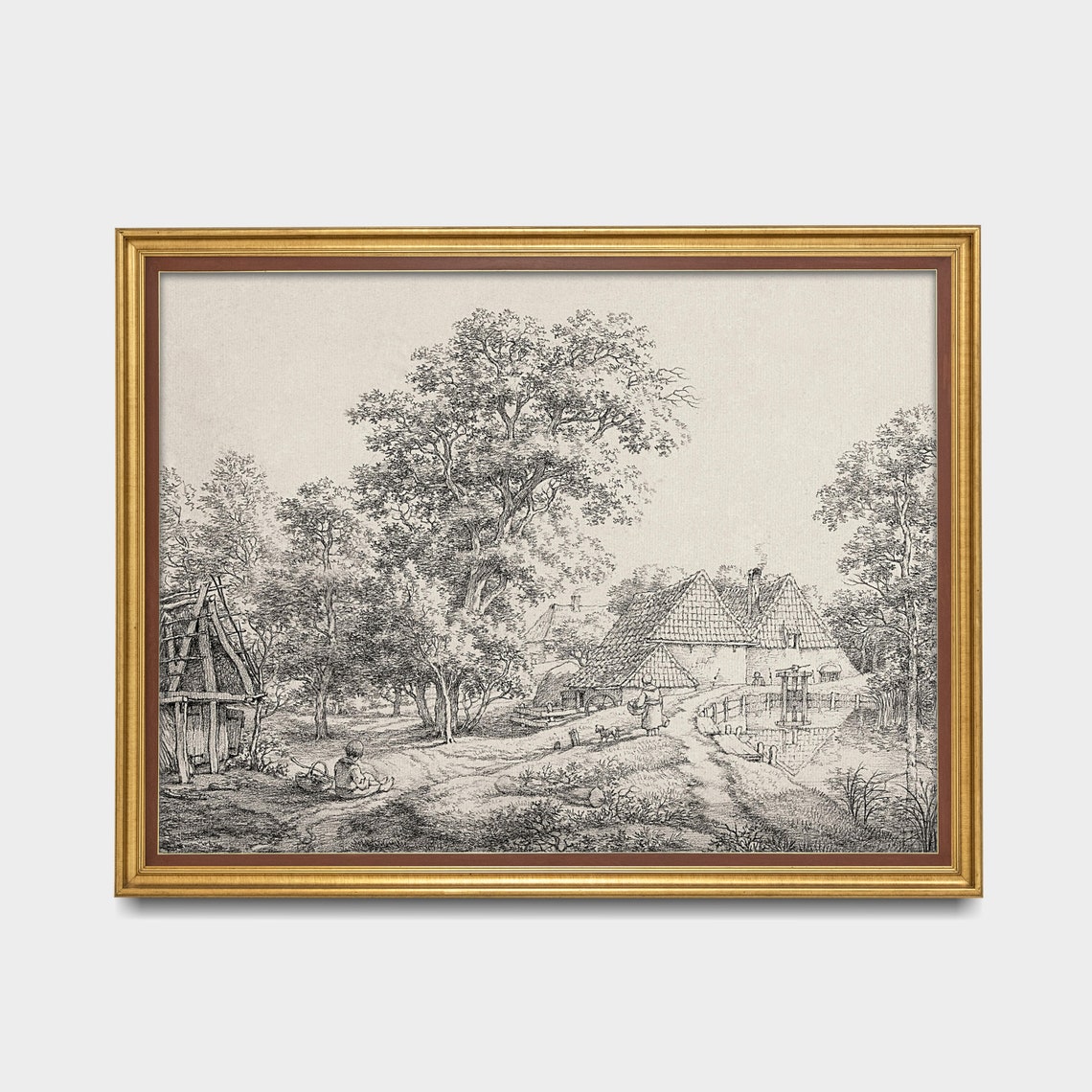 Country Village Sketch with Cottages Antique Etching Artwork Poster - Image 3