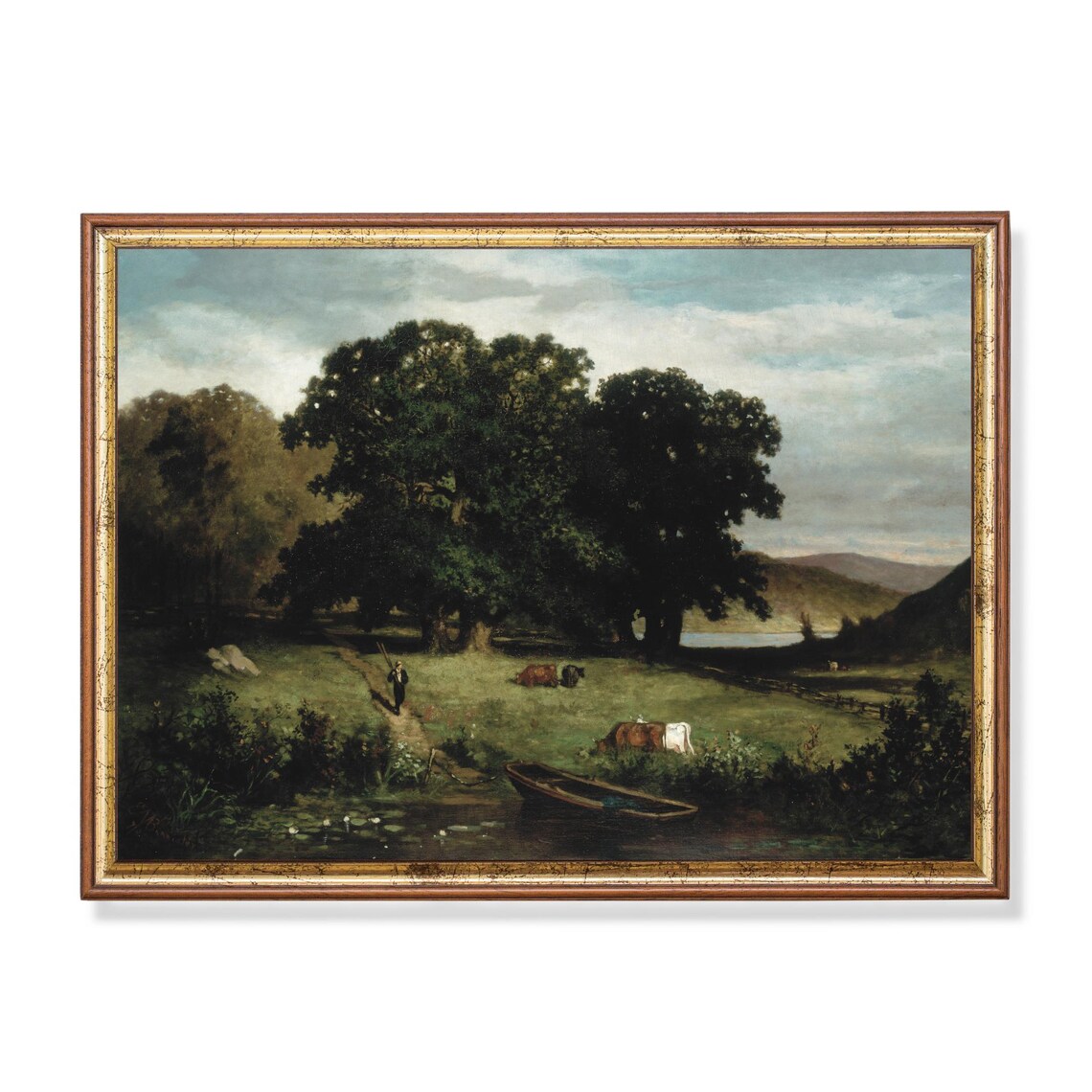 Vintage Cows in Meadow Landscape Poster Print