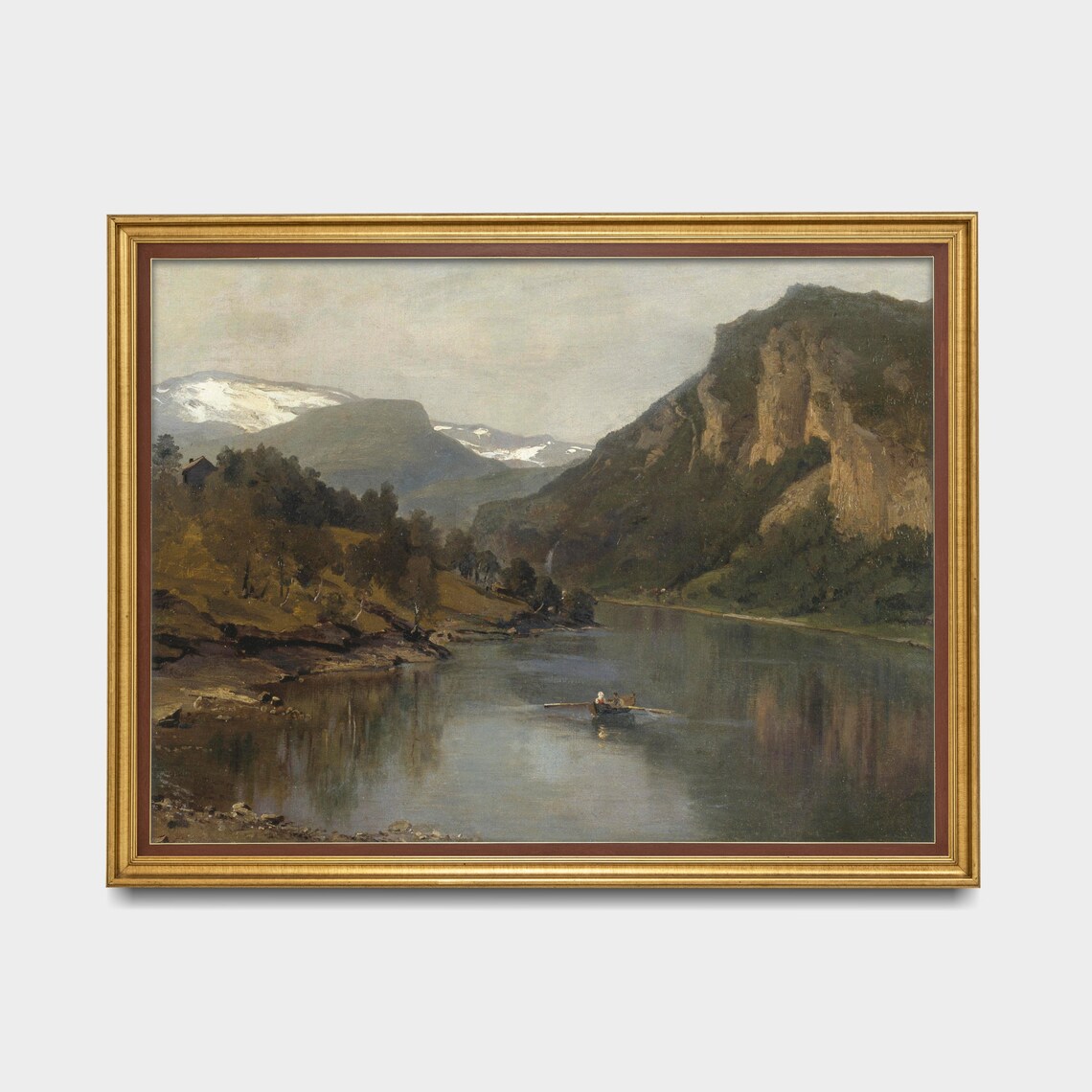 Vintage Mountain Fjord Lake With Rowboat Landscape Art Poster - Image 5