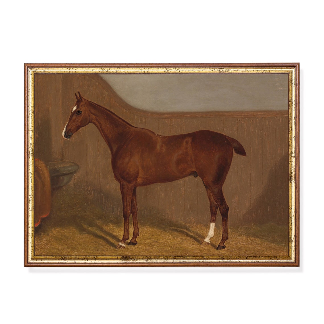 Chestnut Horse with White Blaze Unsaddled in Stable Vintage Poster
