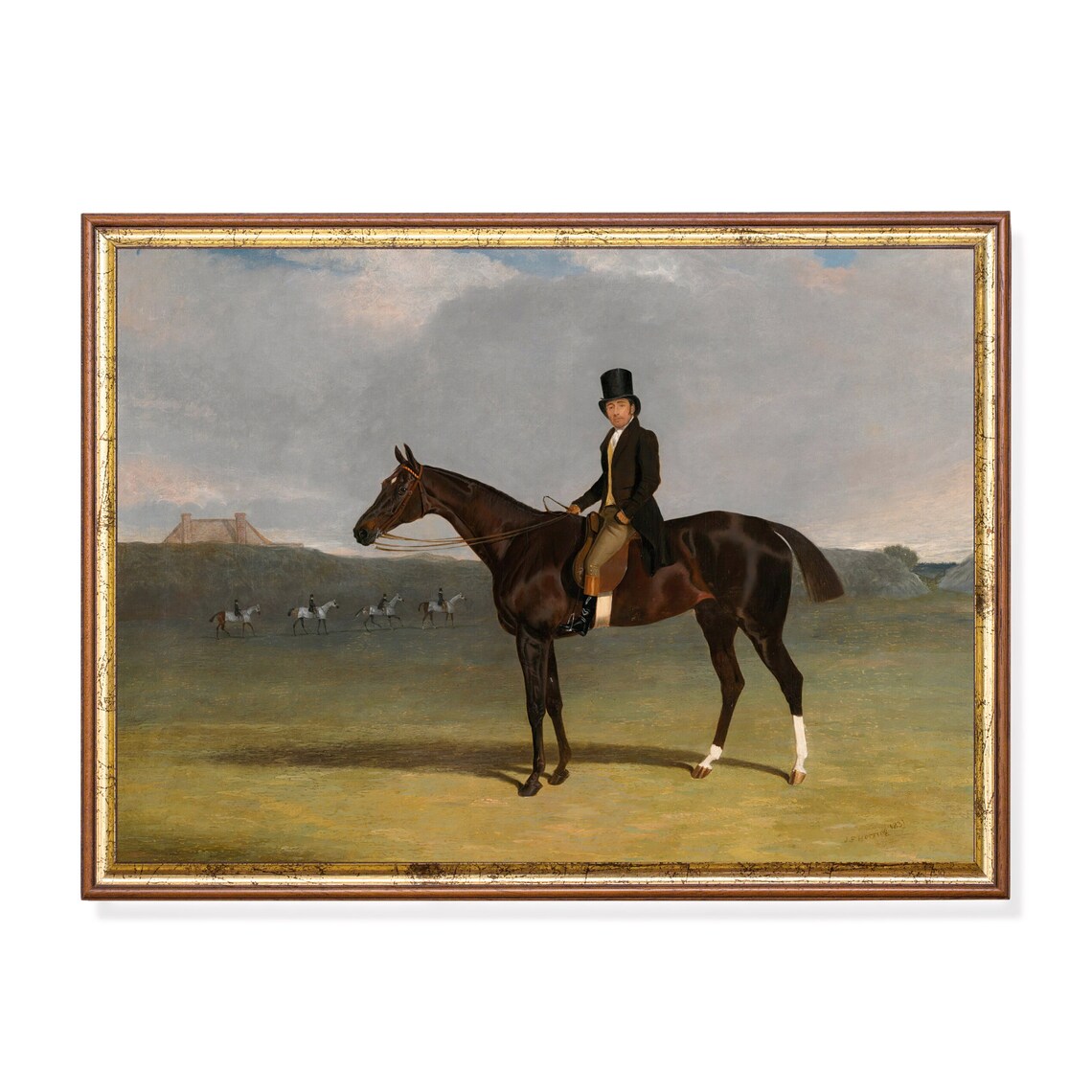 Gentleman in Top Hat on Dark Racehorse Field Vintage Equestrian Poster