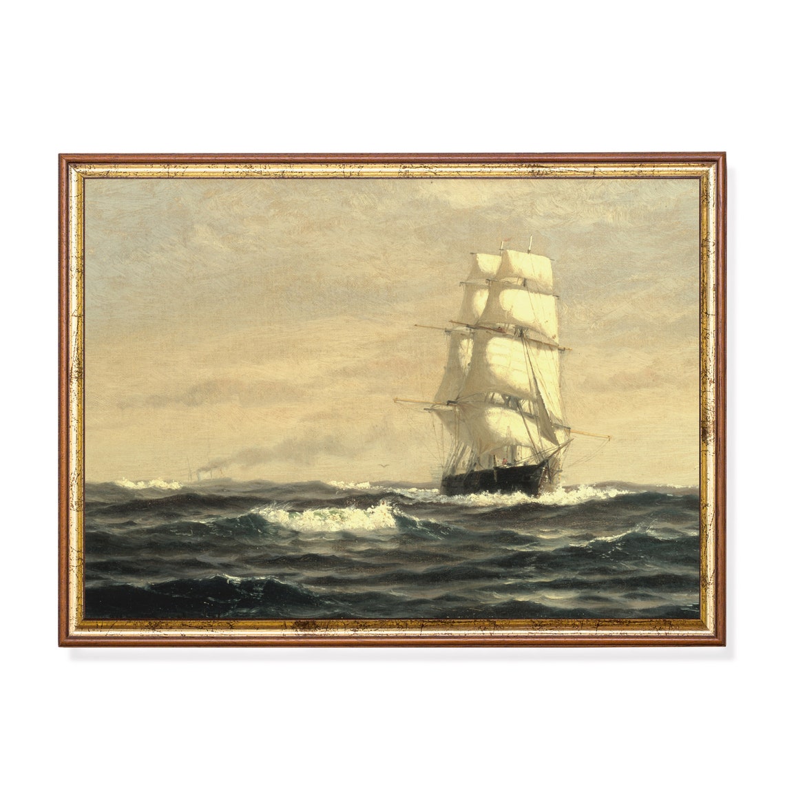 Vintage Seascape Painting Antique Ocean Beach Print Sailing Ship Moody Rustic Nautical Decor Wall Art