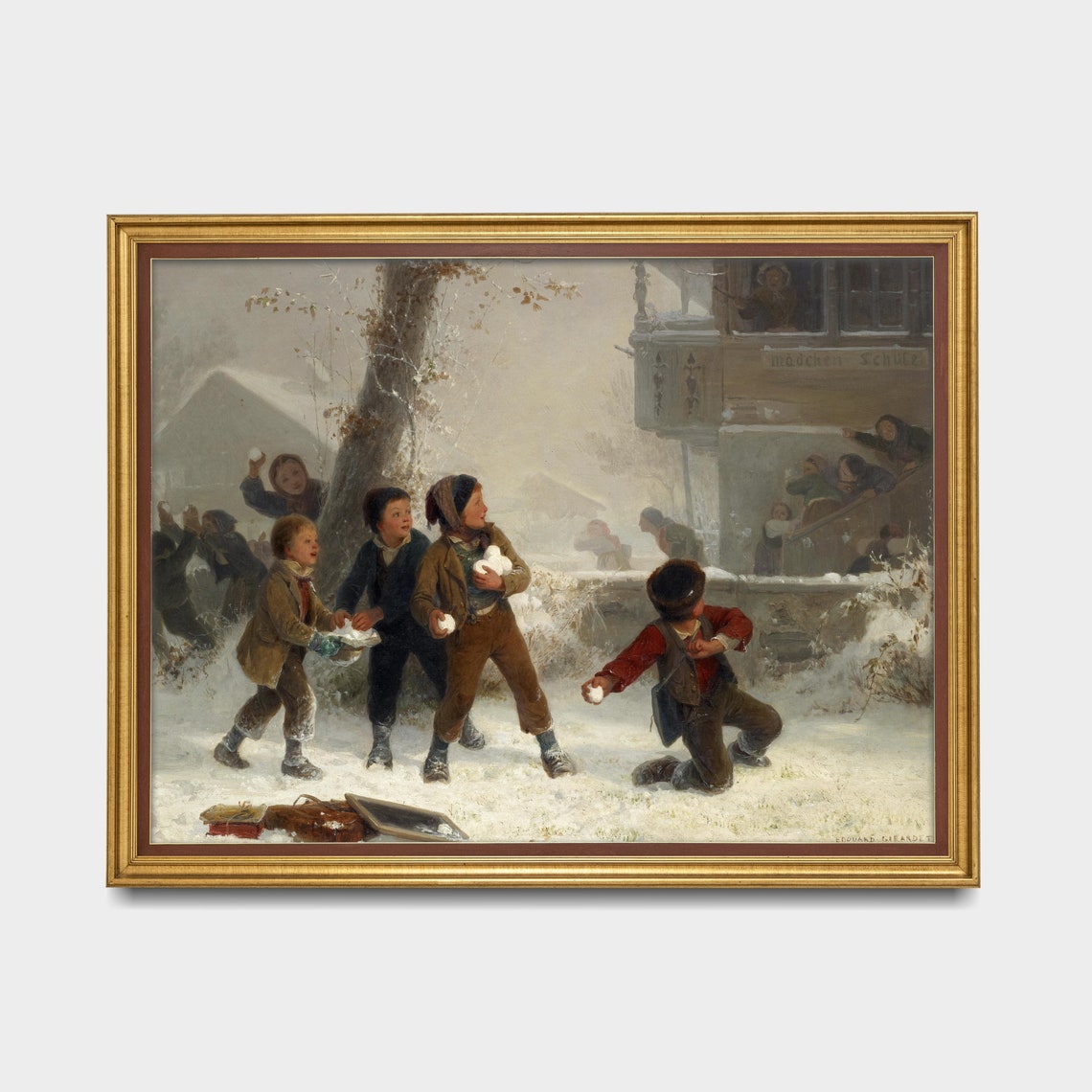 Schoolboys Snowball Fight by a Girls School Edouard Girardet Poster - Image 3