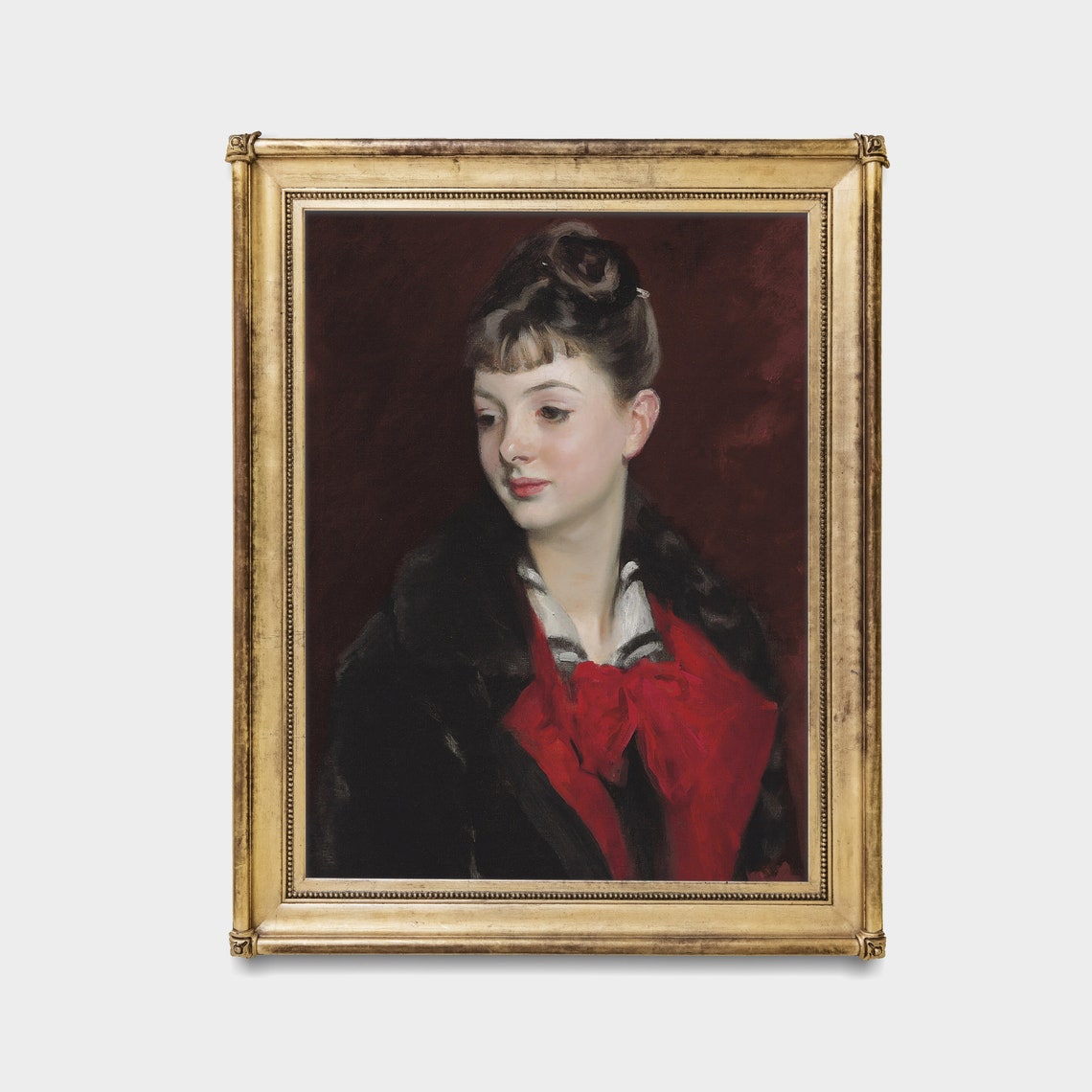 Vintage Woman Portrait in Red Bow Antique 19th Century Wall Art - Image 4