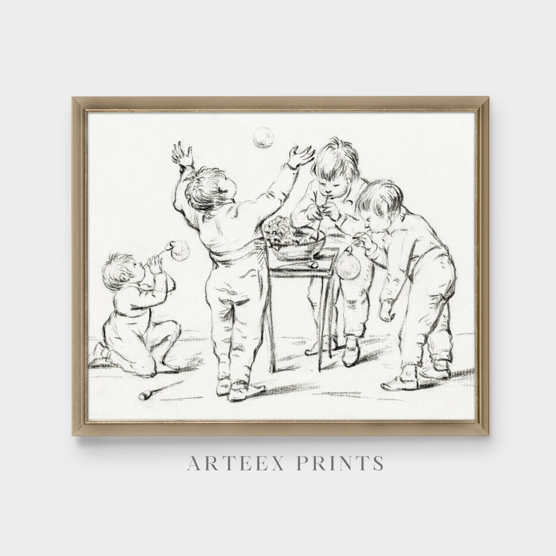 Children Playing Together Antique Ink Sketch Drawing Art Poster - Image 3