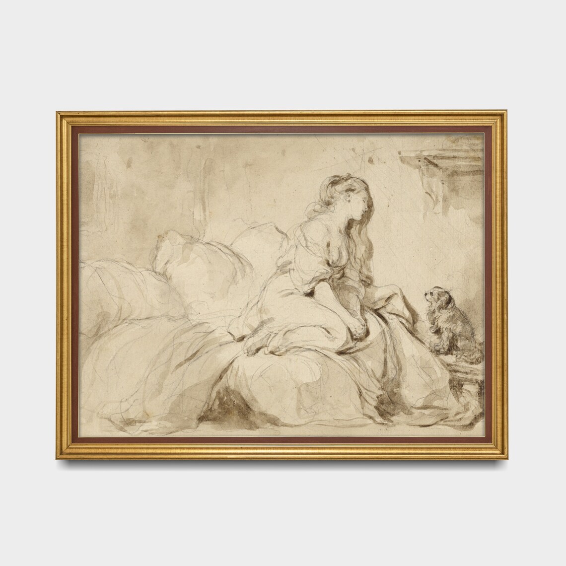 Seated Lady with Her Faithful Dog Vintage Sepia Sketch Poster - Image 3