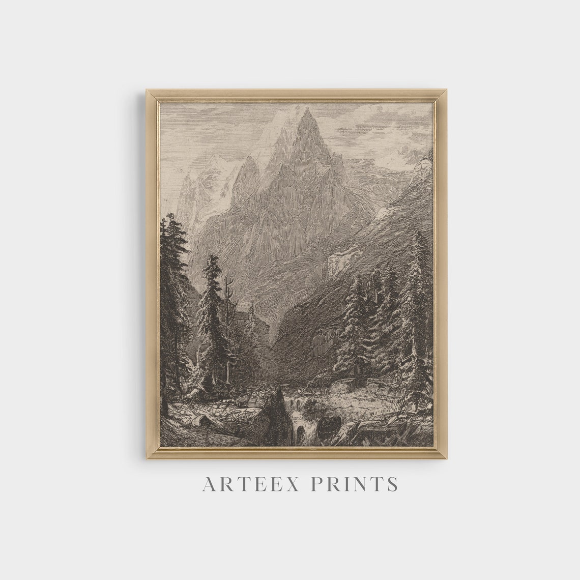 Vintage Sketch Drawing Antique Mountain Landscape Print Rustic Neutral Decor Wall Art Forest Drawing - Image 5