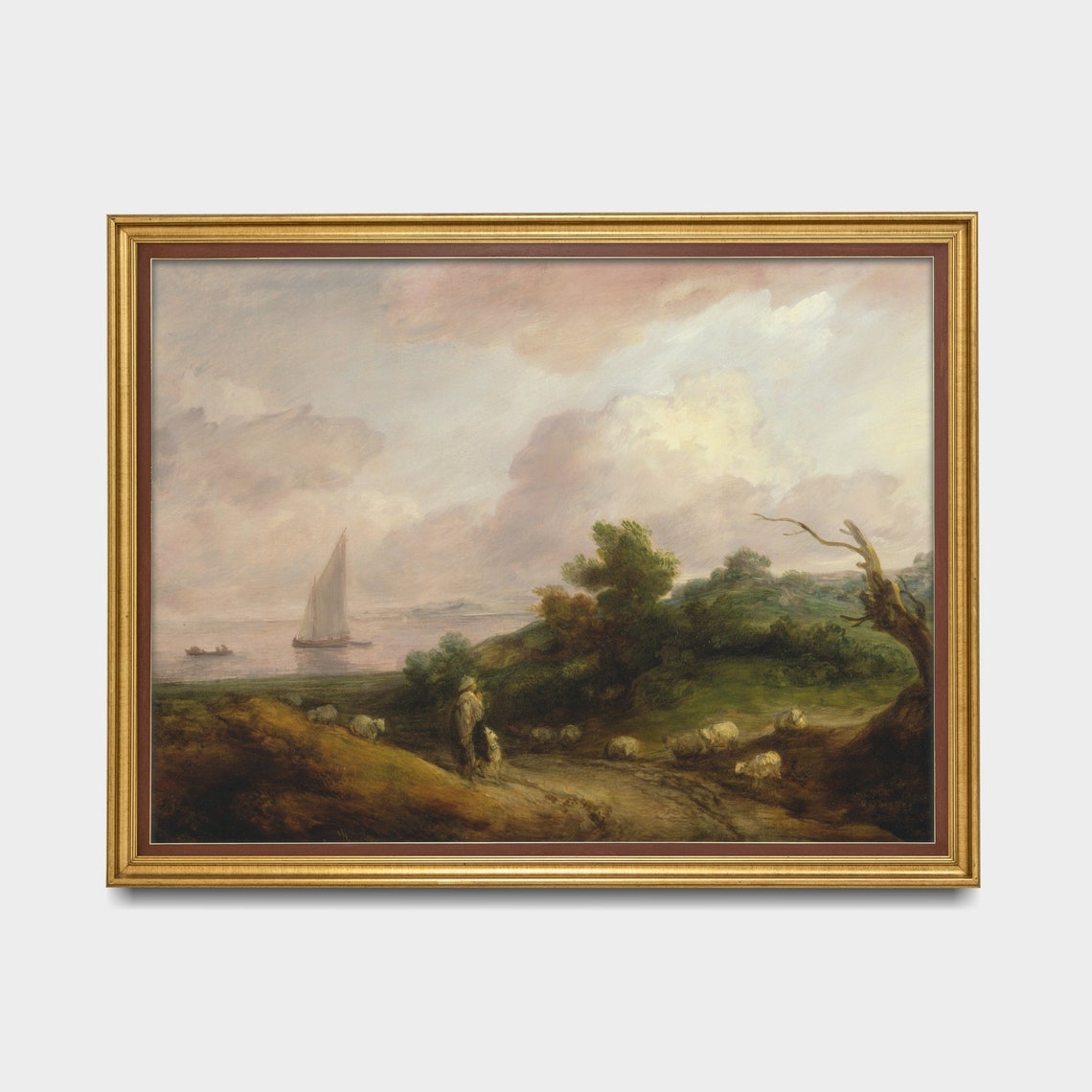Shepherd with Sheep Flock on a Coastal Hillside with Sailboat Poster - Image 3