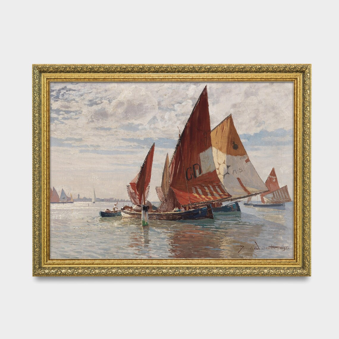 Venetian Fishing Boats With Red Sails On Calm Waters Antique Poster - Image 3