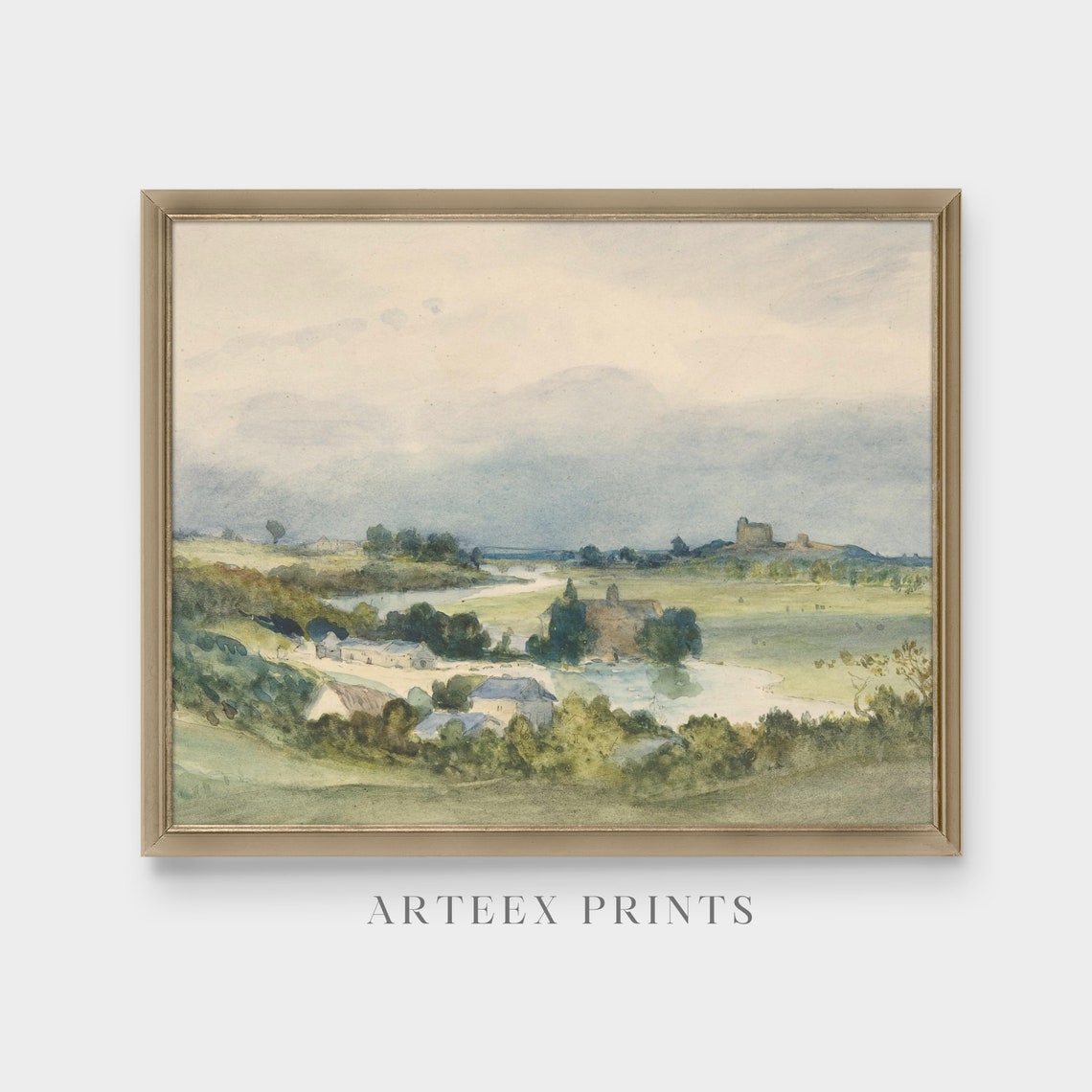 Watercolor River Valley with Distant Castle Ruins Antique Poster - Image 5