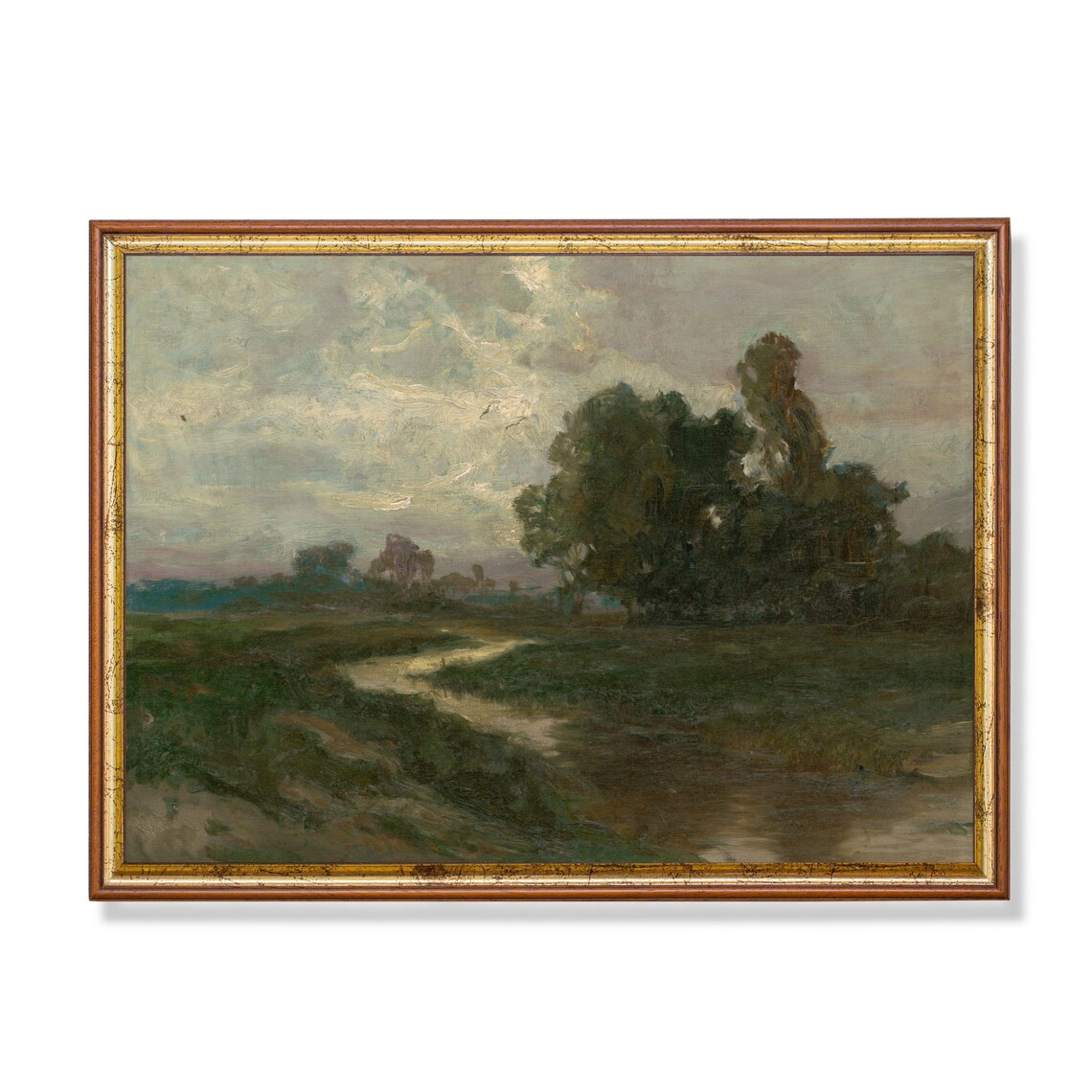 Vintage Farm Field Landscape, Rustic Oil Painting