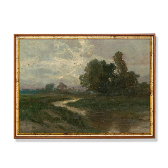 Vintage Farm Field Landscape, Rustic Oil Painting