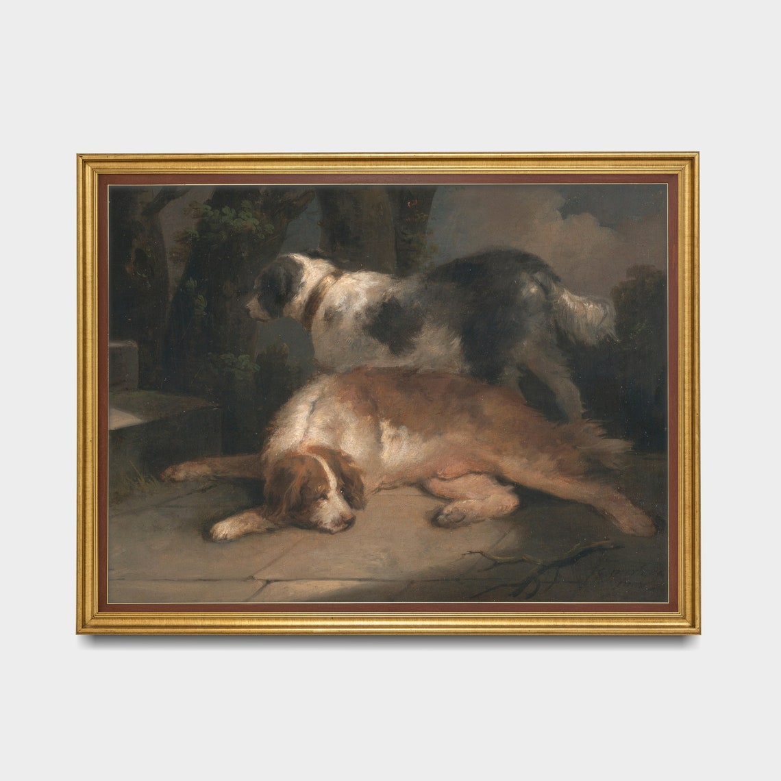 Two Resting Dogs Antique Oil Painting Vintage Canine Art Poster - Image 5