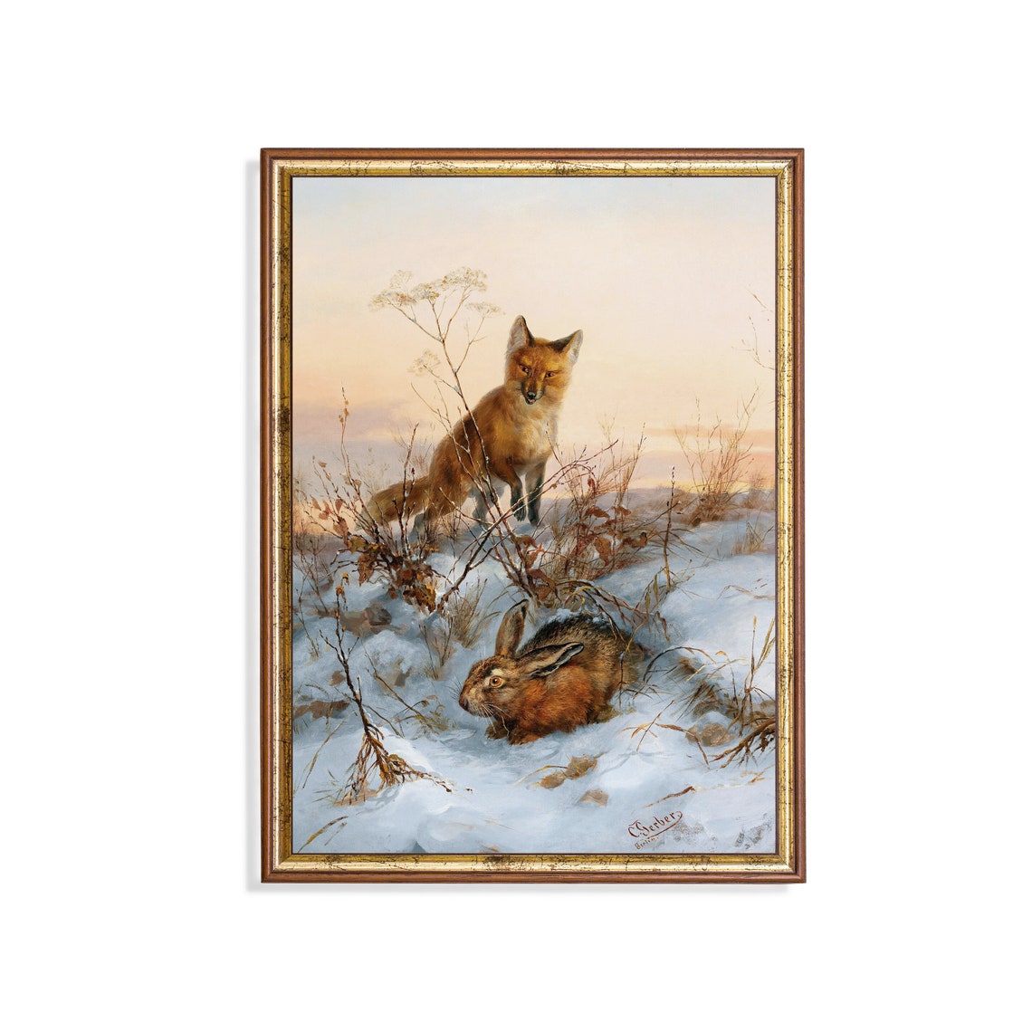 Red Fox Stalking a Hare in the Snow Vintage Winter Art Poster