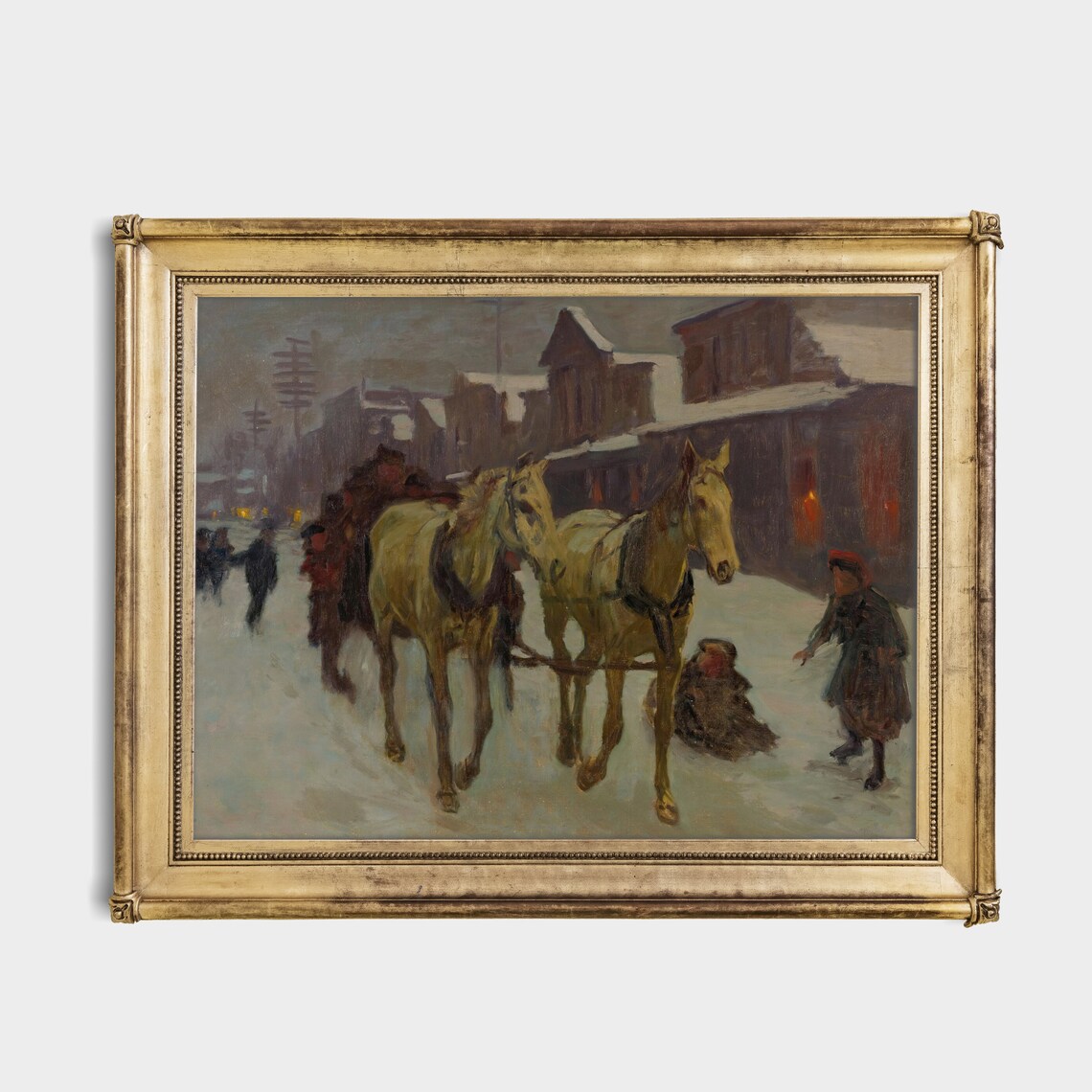Horse-Drawn Sleigh in a Snowy Town at Dusk Vintage Art Poster - Image 2
