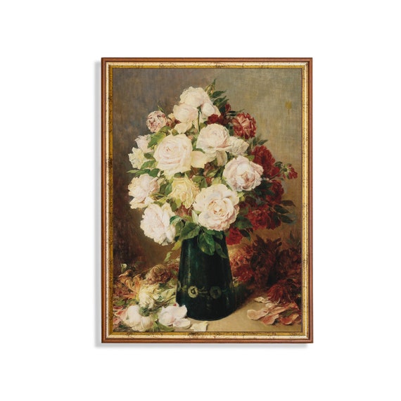 Vintage Still Life With Flowers Antique Floral Painting Roses In Vase Moody Rustic Fine Print Wall Art