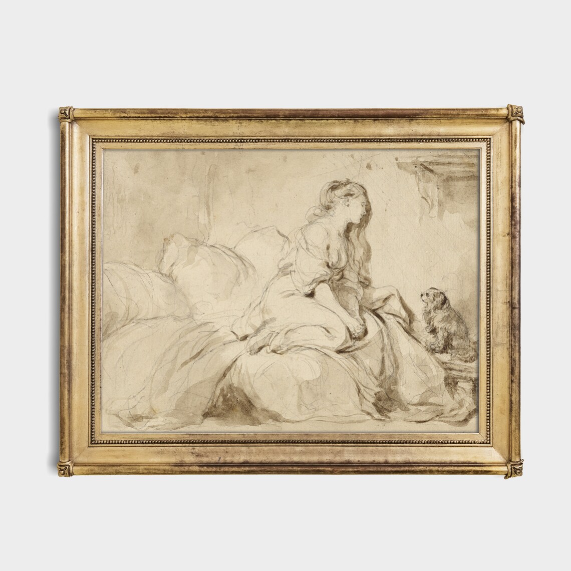Seated Lady with Her Faithful Dog Vintage Sepia Sketch Poster - Image 2