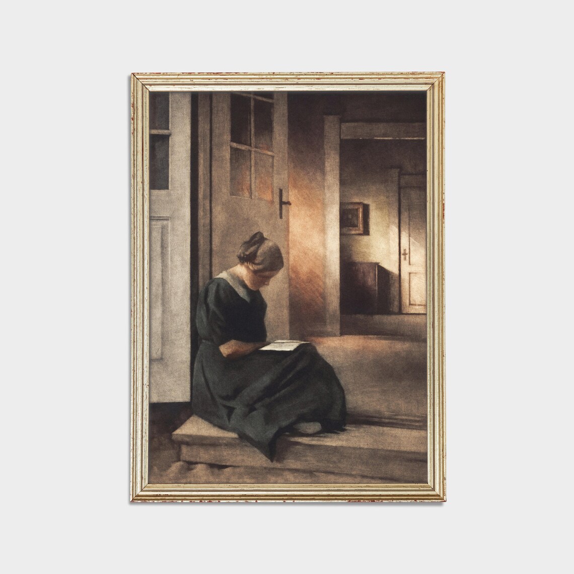 Woman Reading On Stairs Antique Interior Portrait Warm Light Poster - Image 2
