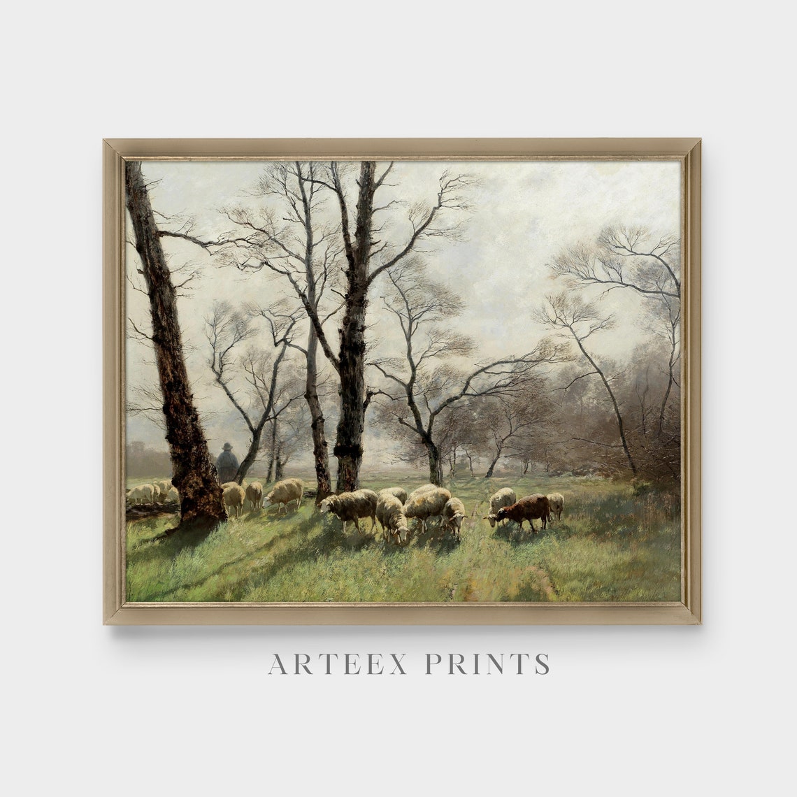 Shepherd with Flock of Sheep Beneath Bare Trees Meadow Poster - Image 3