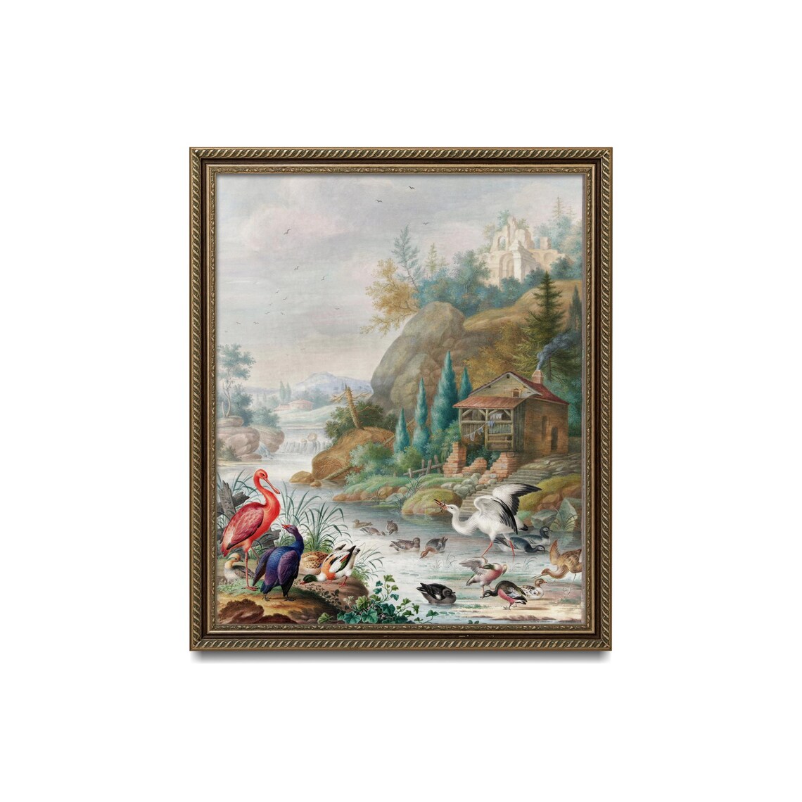 Antique Ornithology Flamingo Heron Ducks Waterfowl Pond Scene Poster - Image 3