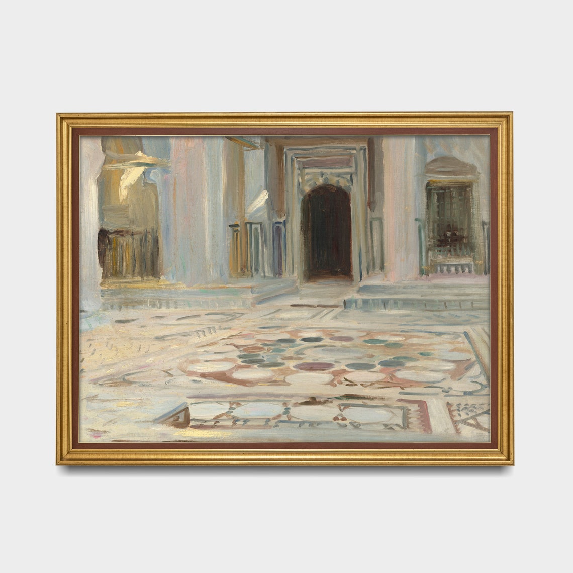 Sunlit Italian Church Interior with Ornate Mosaic Marble Floor Poster - Image 4