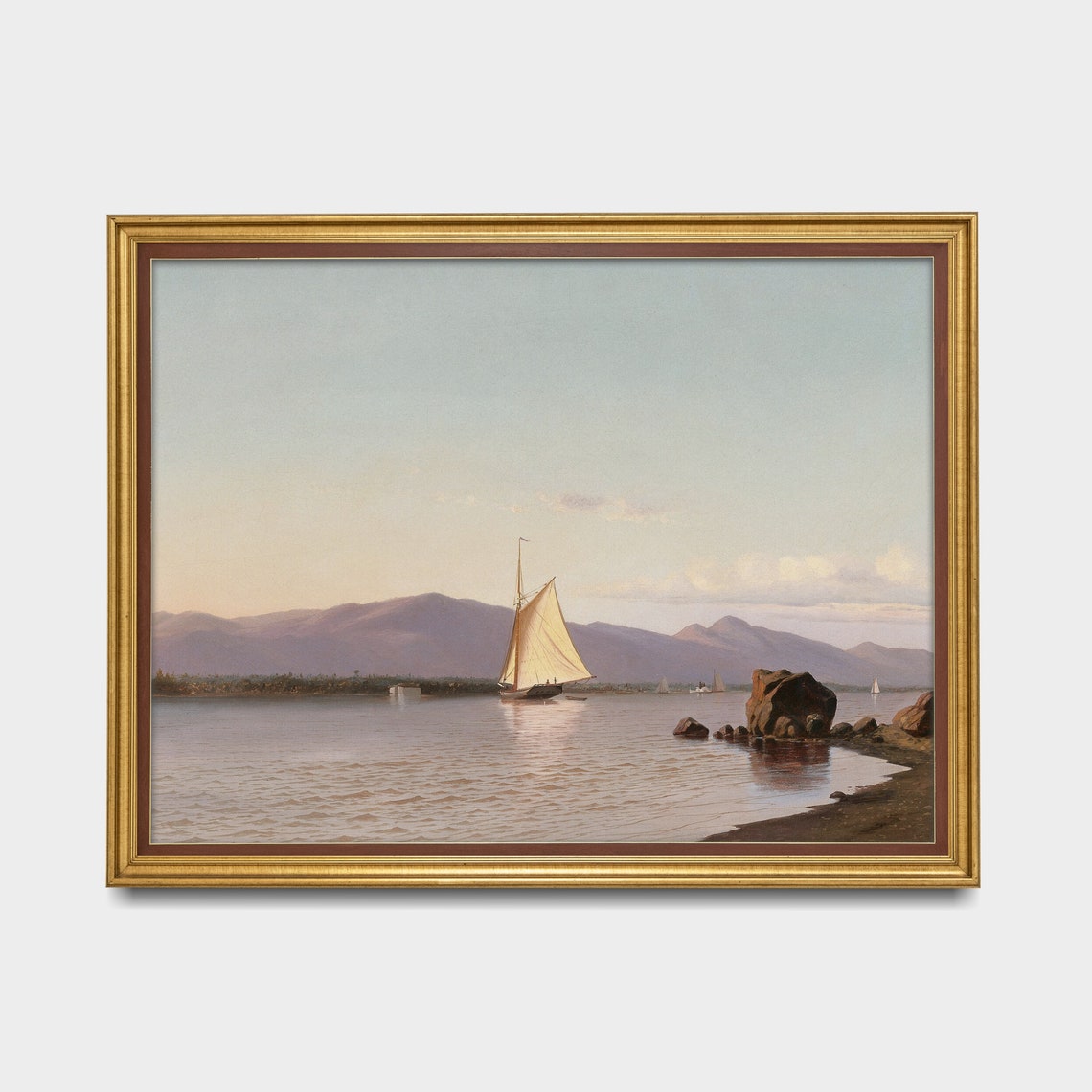 Lone Sailboat at Dusk on Still Water With Purple Mountains Poster - Image 4