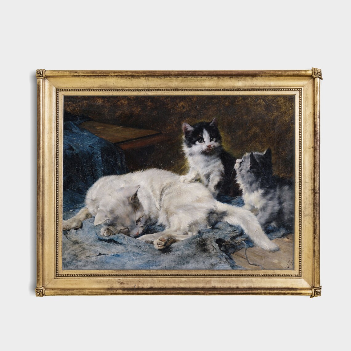 White Cat Resting with Two Kittens on Blue Fabric Vintage Animal Poster - Image 2