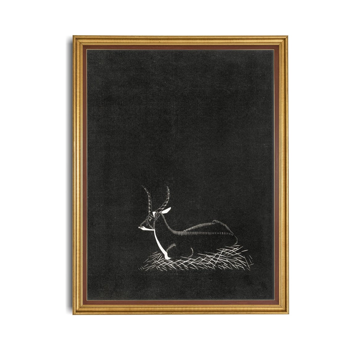 Resting Waterbuck White Line Art on a Black Background Poster - Image 4