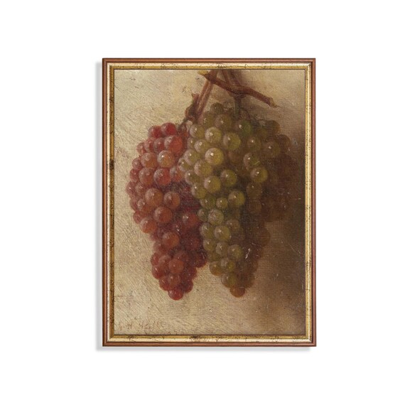Print And Ship Vintage Still Life With Grapes Antique Fruits Painting Kitchen Farmhouse Decor Rustic Art Mailed Print