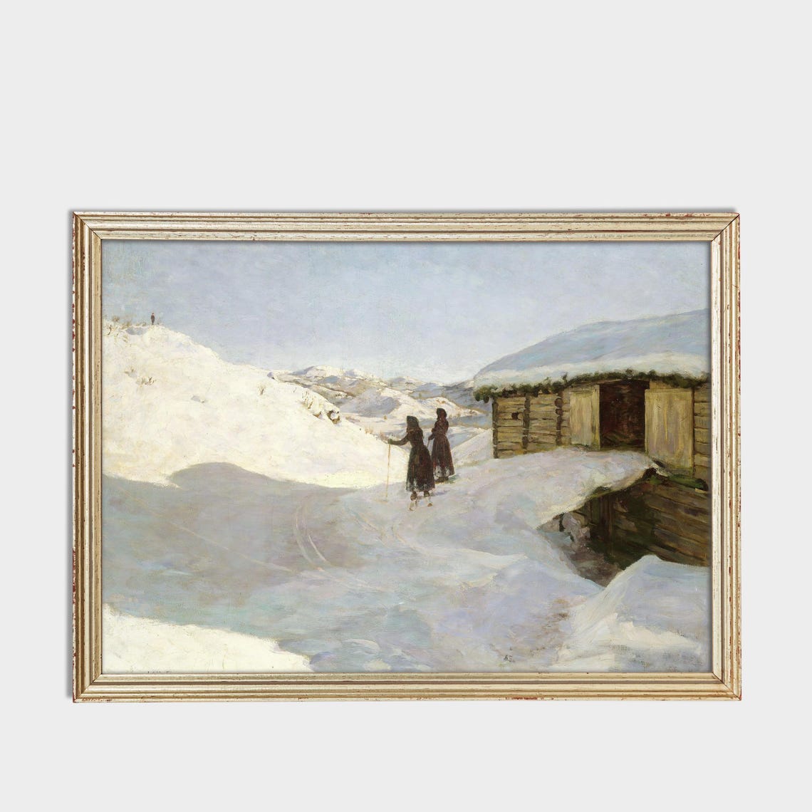 Two Small Figures in Snow by a Wooden Hut Minimal Winter Poster - Image 3