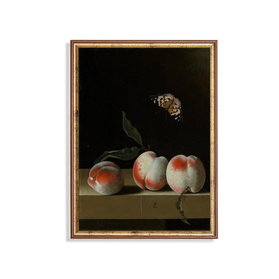 Print And Ship Still Life With Peaches Vintage Wall Art Moody Rustic Painting Antique Fruits Print Three Peaches With Butterfly