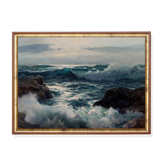 Mailed Print Vintage Seascape Painting Antique Ocean Beach Print Moody Rustic Art Coastal Decor Fine Art Printed And Shipped
