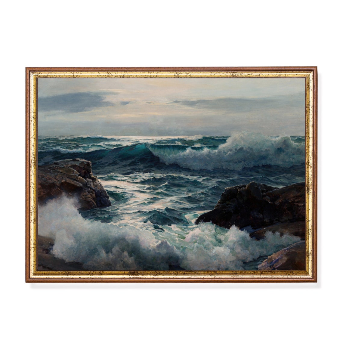 Crashing Ocean Waves on Rocks Dramatic Vintage Seascape Art Poster