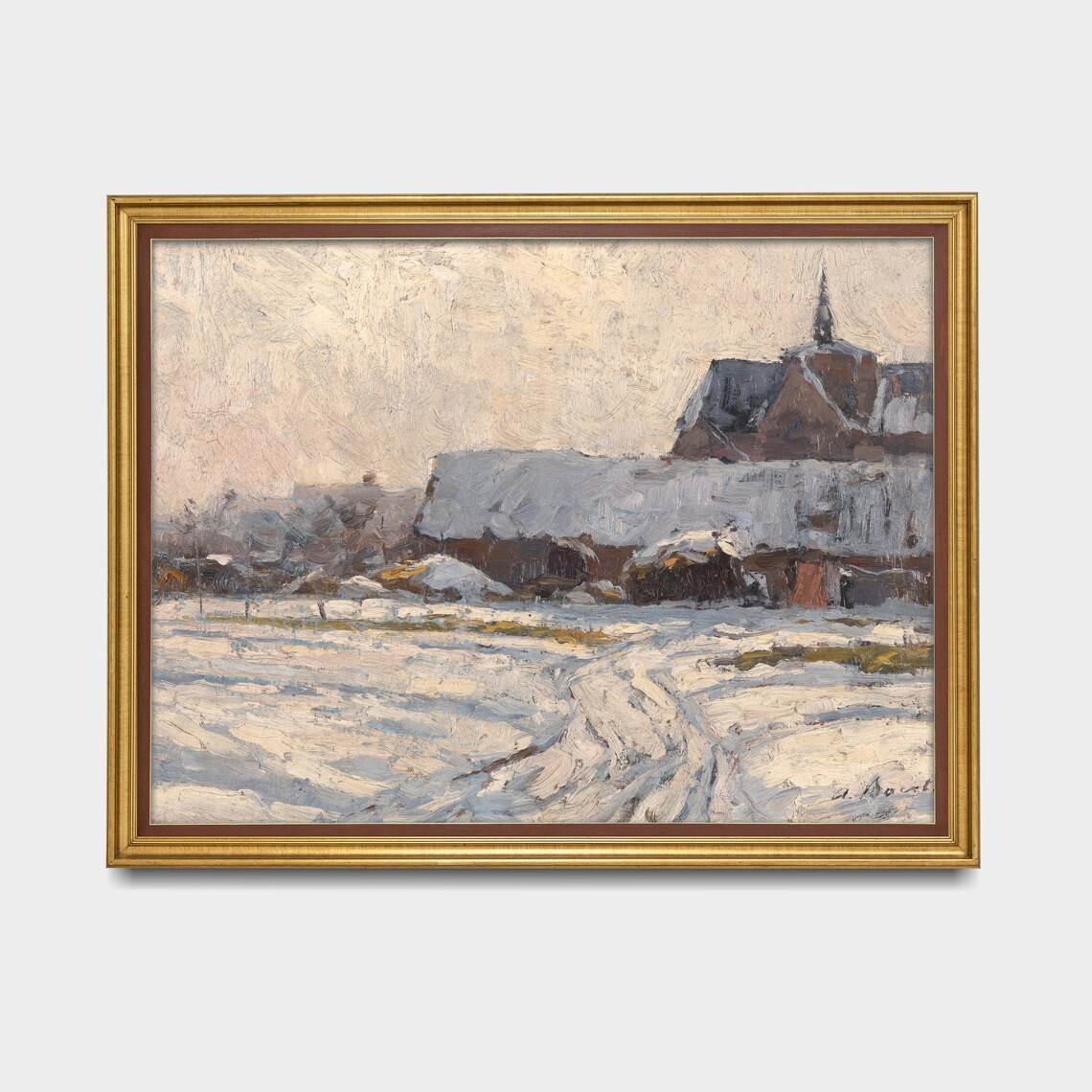 Snowy Country Road by Old Buildings Vintage Winter Scene Poster - Image 3