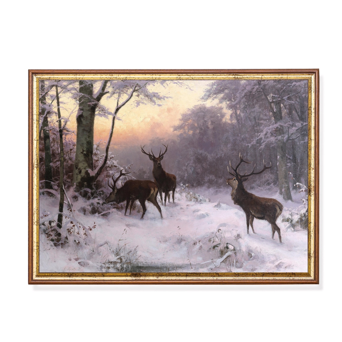 Vintage Deer Winter Landscape, Cabin Decor Art Print