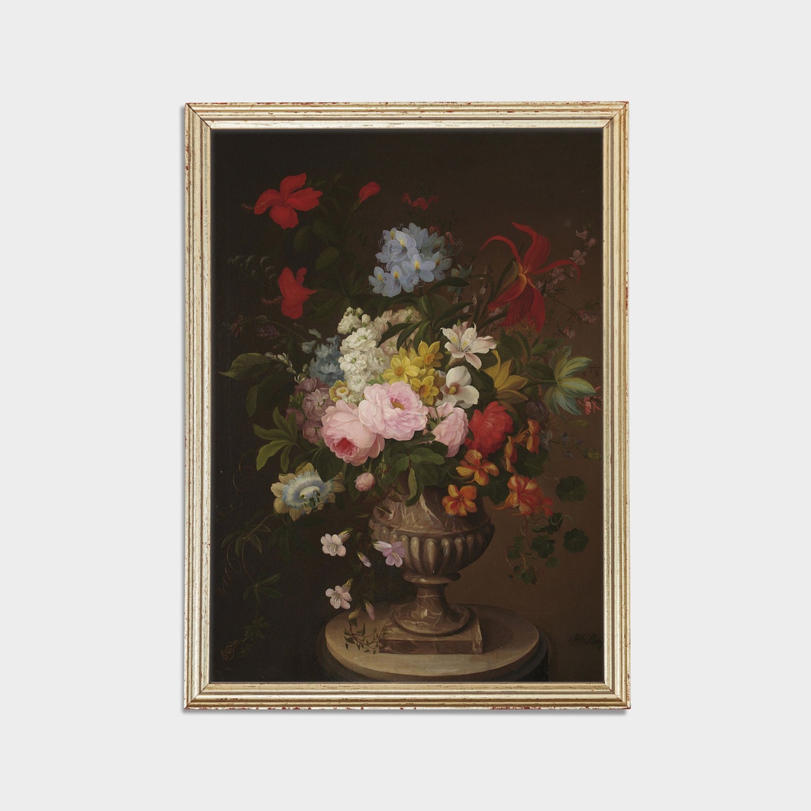 Vibrant Mixed Bouquet in a Stone Urn Antique Floral Art Poster - Image 2