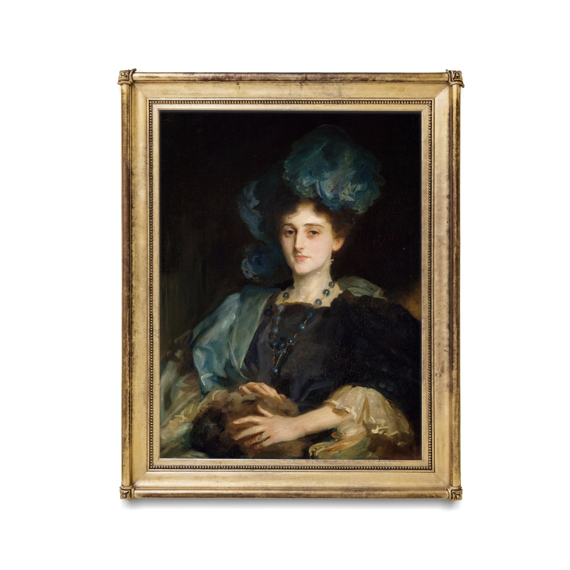 Lady in Black with Turquoise Hat and Beaded Necklace Vintage Poster - Image 3
