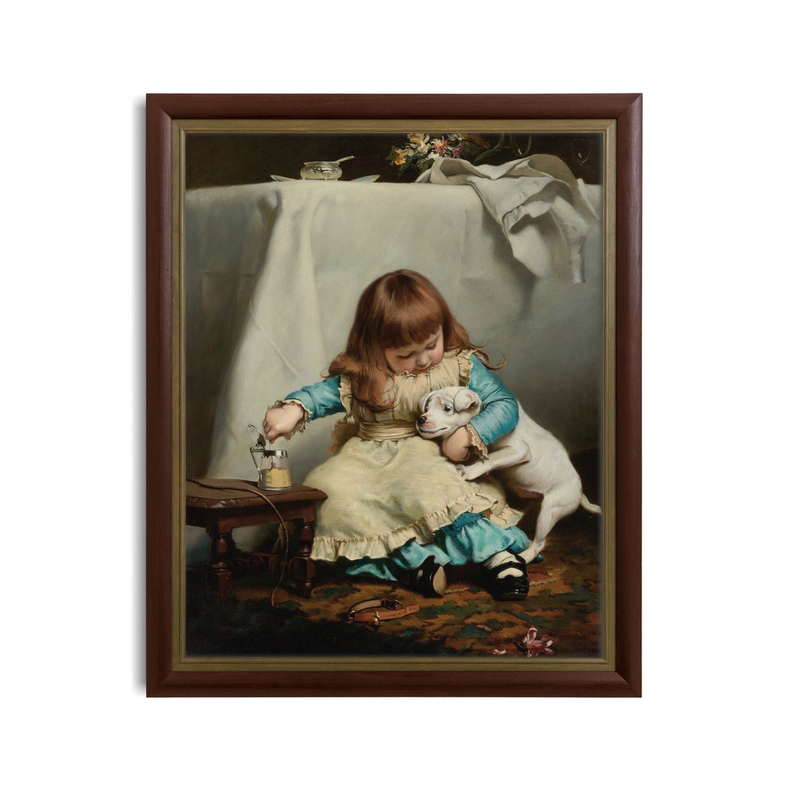Young Girl Hugging Terrier Puppy Pouring Milk Nursery Painting Print - Image 3