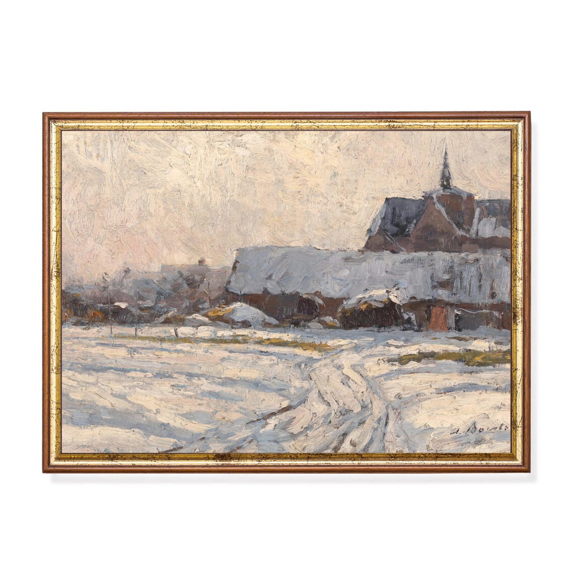 Snowy Country Road by Old Buildings Vintage Winter Scene Poster