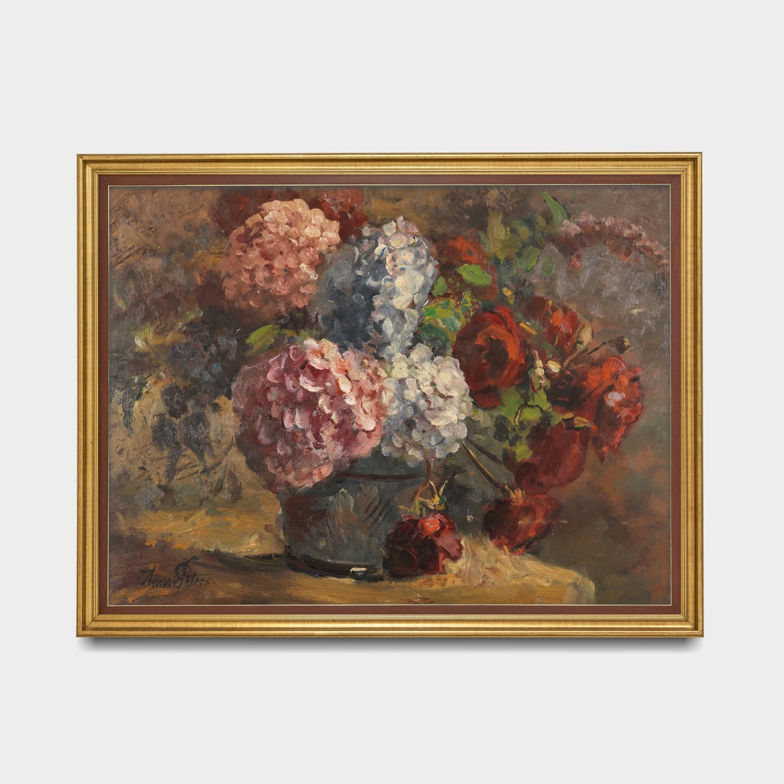 Vintage Still Life With Flowers Antique Floral Painting Moody Rustic Hydrangeas And Roses Art Wall Art - Image 5