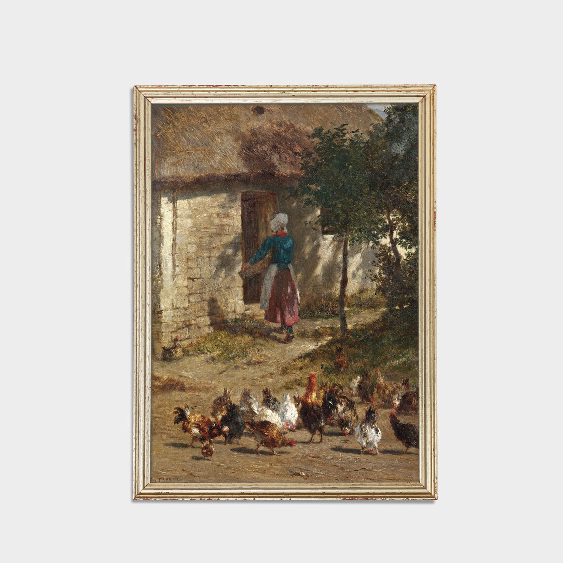 Farm Woman Feeding Chickens at a Thatched Cottage Vintage Poster - Image 2